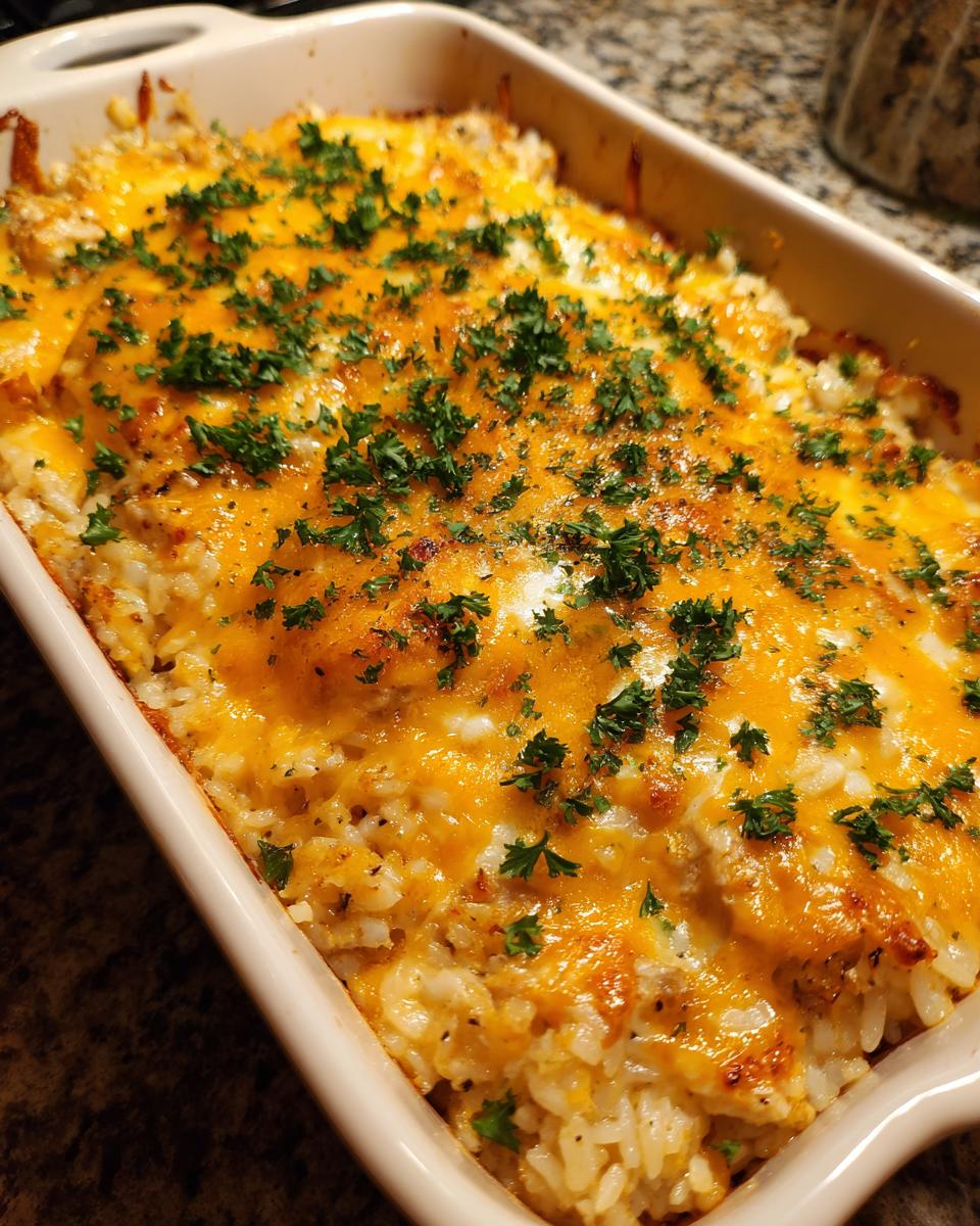 A close-up of a golden-brown chicken and rice casserole topped with melted cheddar cheese and fresh parsley.