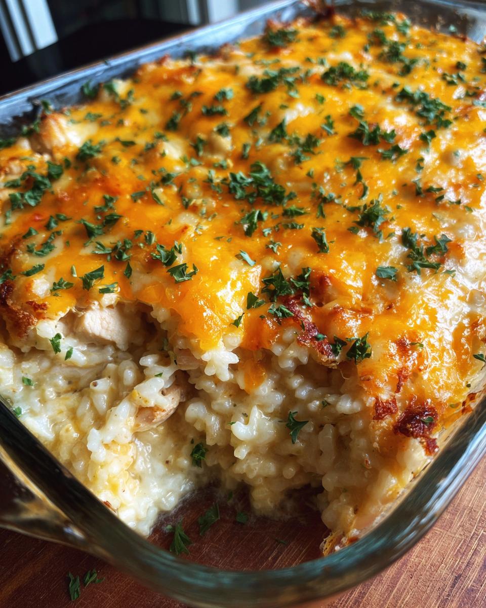 A close-up of a bubbling chicken and rice casserole topped with melted cheddar cheese and fresh parsley.