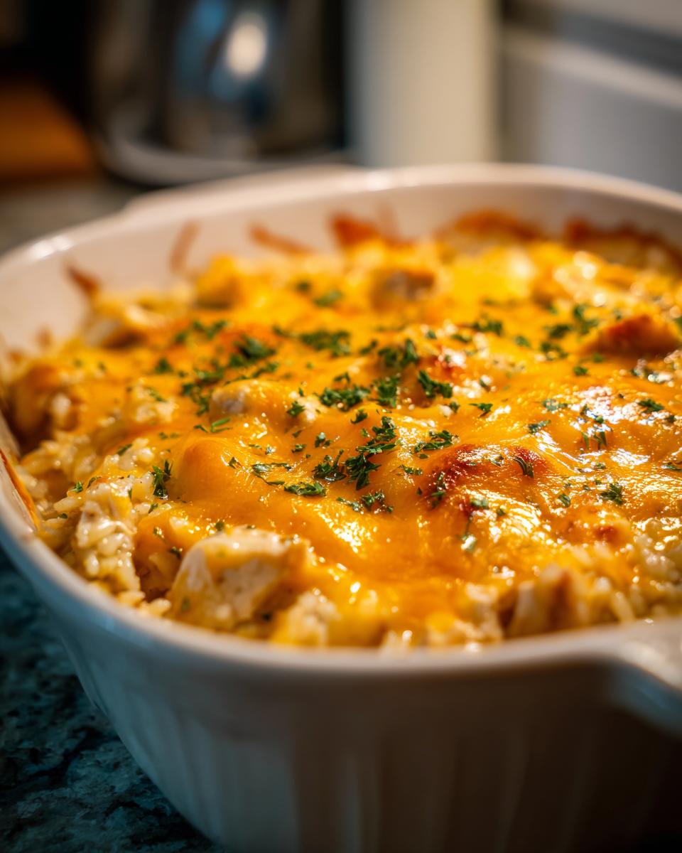 Close-up of a bubbling chicken and rice casserole topped with melted cheddar cheese and fresh parsley.