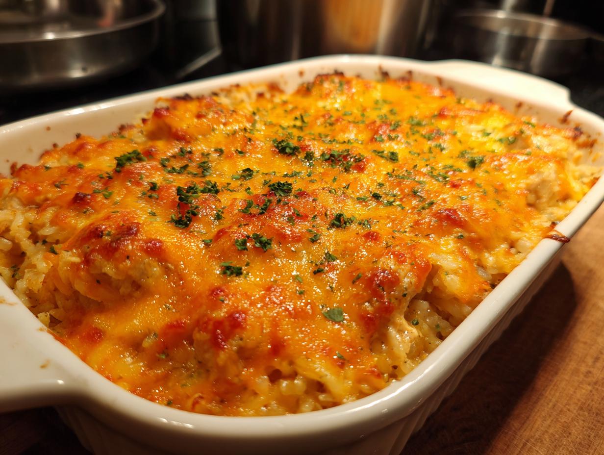 A close-up of a freshly baked chicken and rice casserole topped with melted cheddar cheese and parsley.