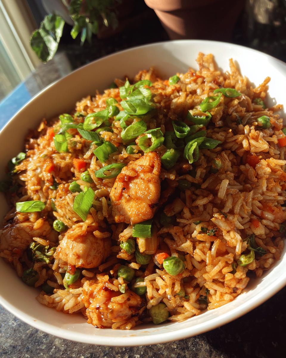Close-up of a bowl of delicious chicken fried rice, featuring tender chicken pieces, peas, carrots, and green onions.