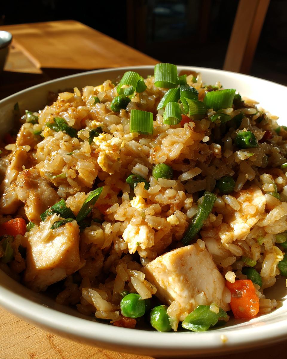 A close-up bowl of flavorful chicken fried rice, featuring tender chicken pieces, peas, carrots, and scrambled egg, topped with fresh green onions.