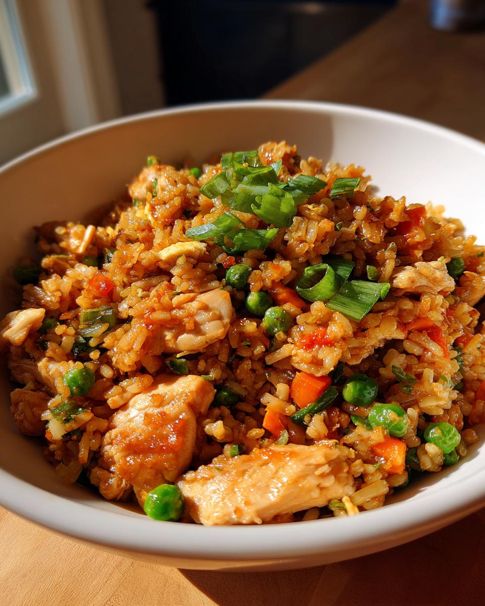 A close-up of a white bowl filled with delicious chicken fried rice, garnished with green onions.