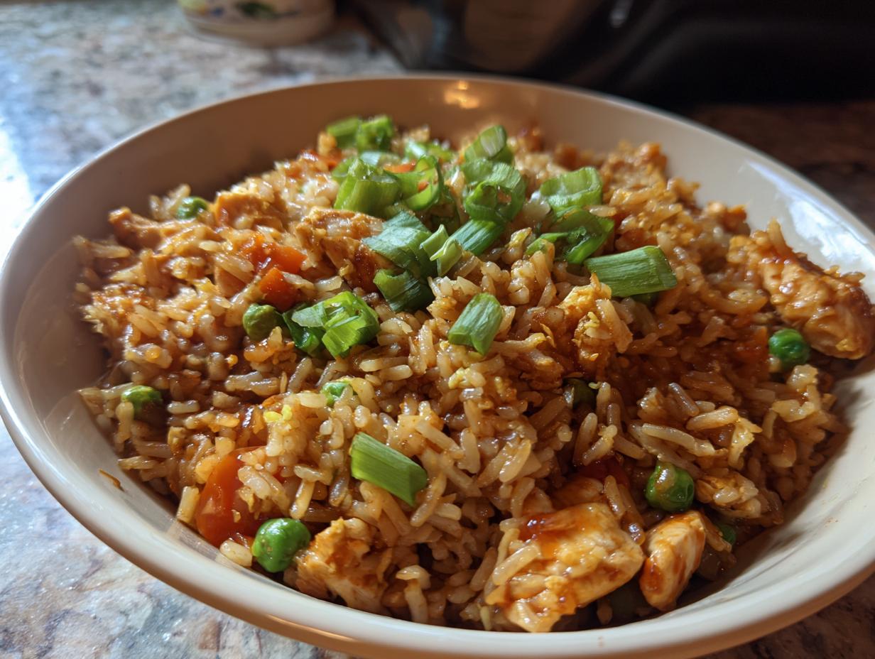 A close-up bowl of flavorful 20-Min Chicken Fried Rice, garnished with chopped green onions.