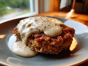 A close-up of a perfectly cooked chicken fried steak, generously topped with creamy white gravy and black pepper.