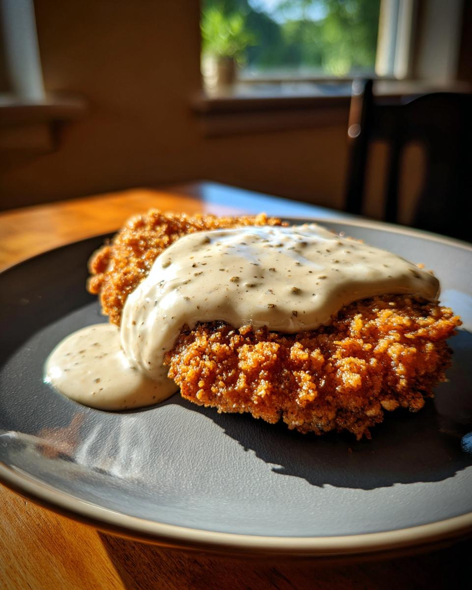 A golden-brown, crispy chicken fried steak generously topped with creamy white peppered gravy on a dark plate.