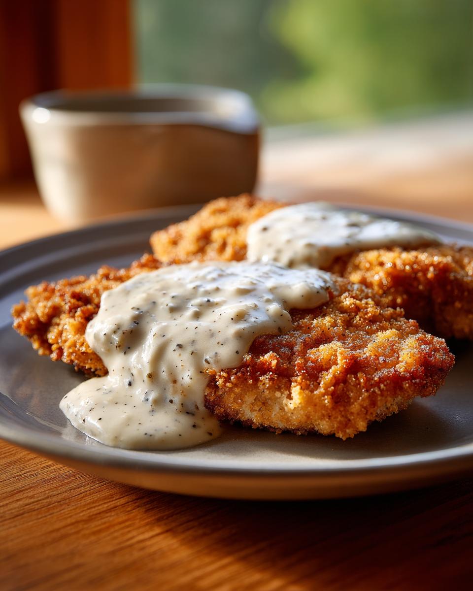 Close-up of two pieces of golden brown chicken fried steak smothered in creamy peppered gravy on a plate.
