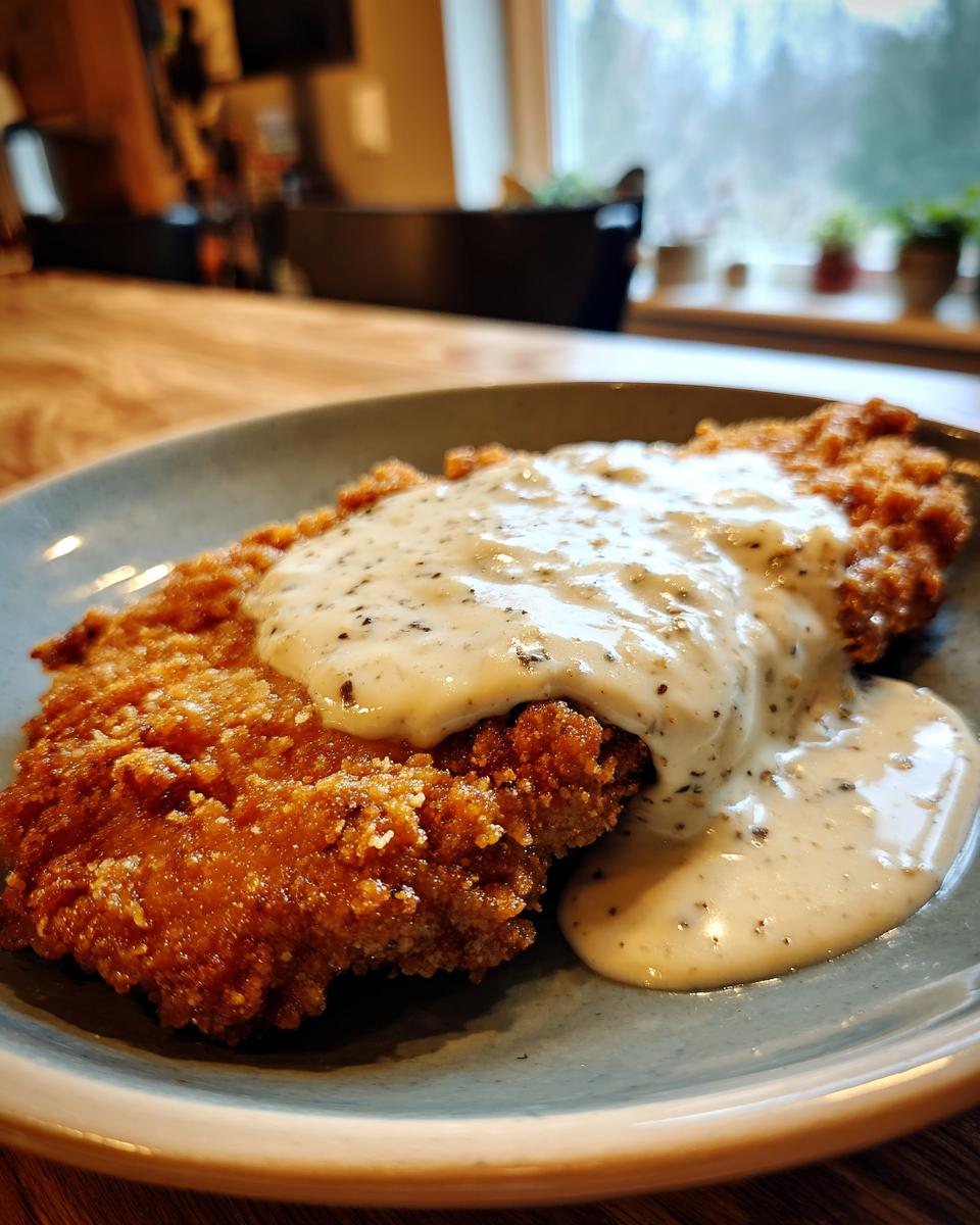 A close-up of a golden-brown, crispy chicken fried steak smothered in creamy, peppery gravy.