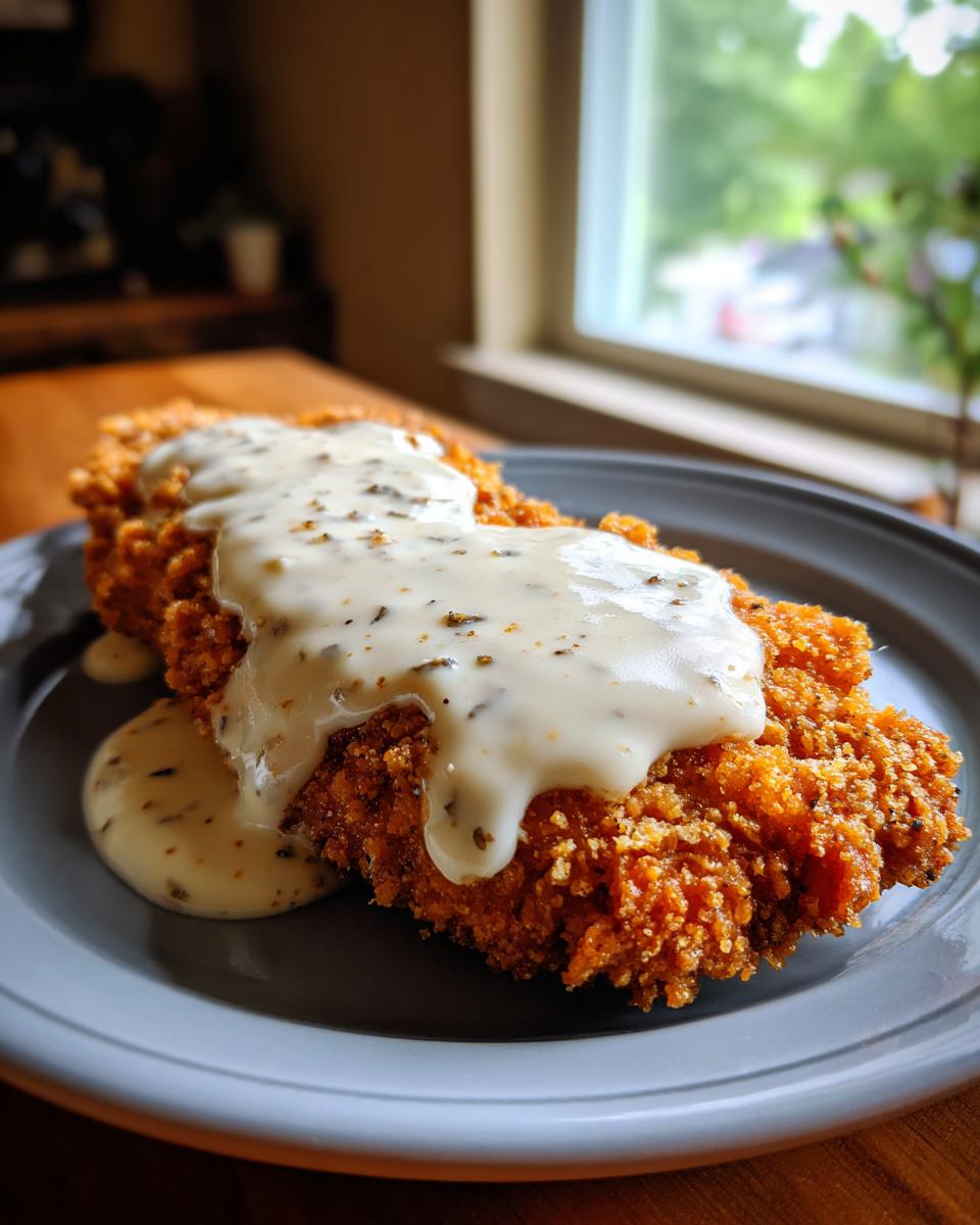 A close-up of a golden-brown, crispy chicken fried steak generously topped with creamy white gravy.