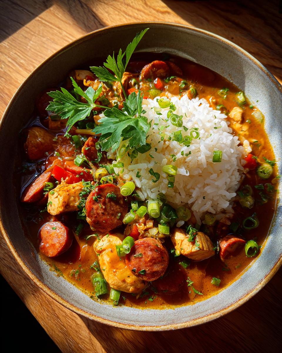 A close-up overhead view of a hearty bowl of chicken and sausage gumbo served with a mound of white rice and garnished with green onions and parsley.