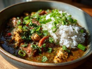 A close-up of a delicious bowl of Gumbo, featuring chicken, sausage, rice, and green onions.