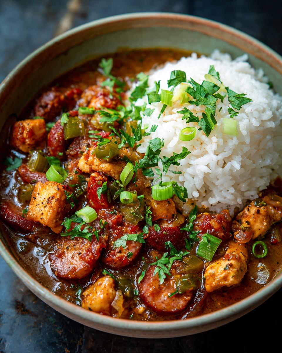 A close-up of a bowl of delicious chicken and sausage gumbo served with a mound of white rice and garnished with chopped green onions and parsley.