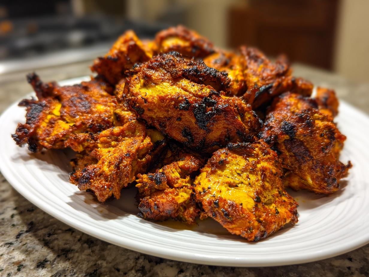 A close-up shot of perfectly grilled chicken shawarma pieces piled high on a white plate, showcasing their vibrant spices and char marks.