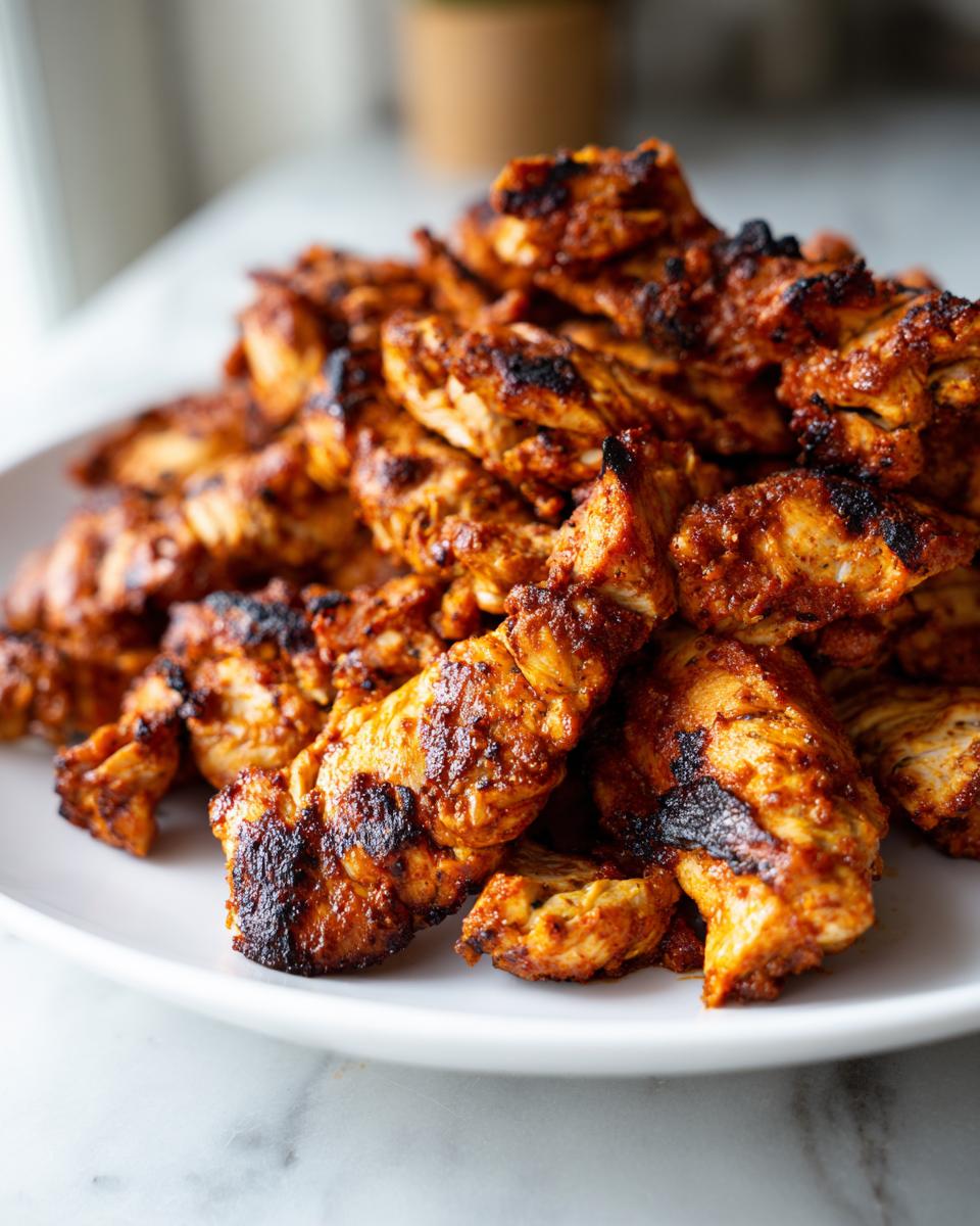 A close-up shot of a pile of perfectly grilled chicken shawarma strips, seasoned with spices and slightly charred.