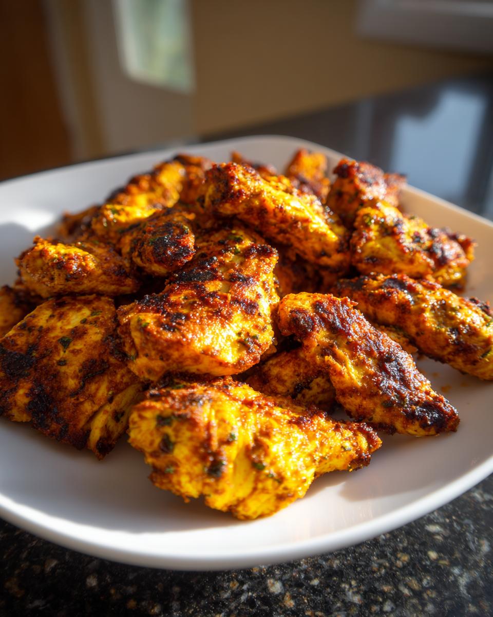 A close-up shot of freshly cooked chicken shawarma pieces piled on a white plate, seasoned with spices and herbs.