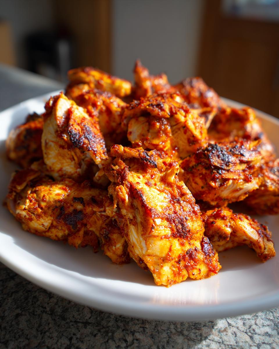 A close-up shot of perfectly seasoned and cooked chicken shawarma pieces on a white plate.