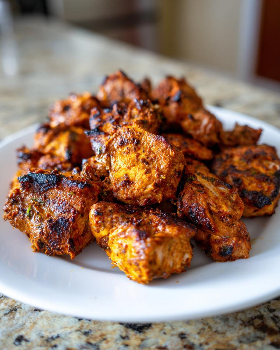 Close-up of juicy, marinated chicken shawarma pieces piled on a white plate, perfectly grilled with charred edges.