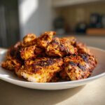 A close-up of seasoned and grilled chicken shawarma pieces piled on a white plate.