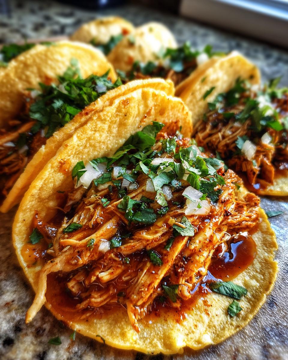Close-up of delicious chicken tacos filled with shredded chicken, topped with fresh cilantro and diced onions.