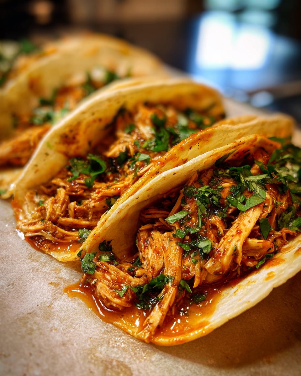 Close-up of delicious chicken tacos filled with shredded chicken and topped with fresh cilantro.