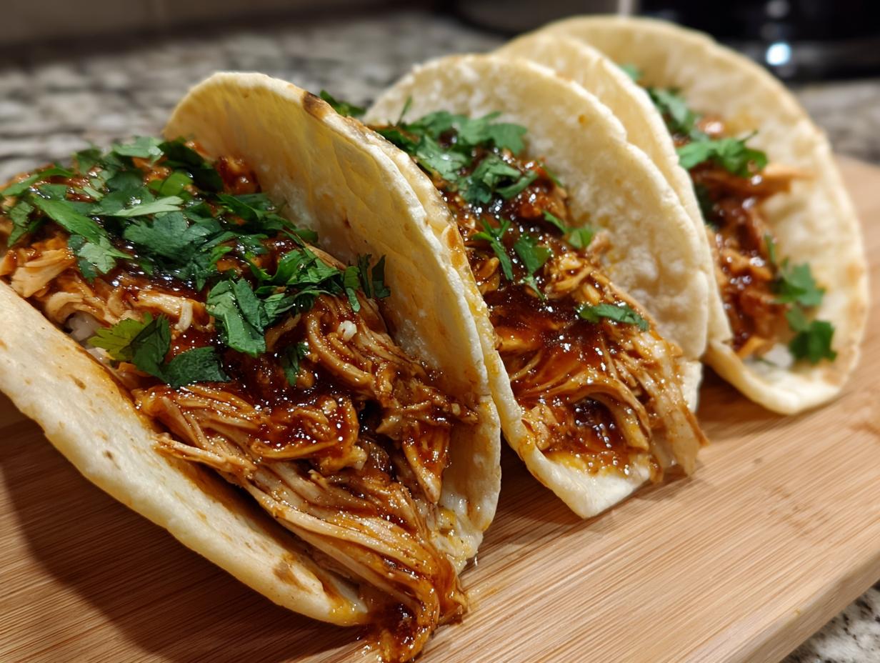 Three delicious chicken tacos filled with shredded chicken and a savory sauce, topped with fresh cilantro.
