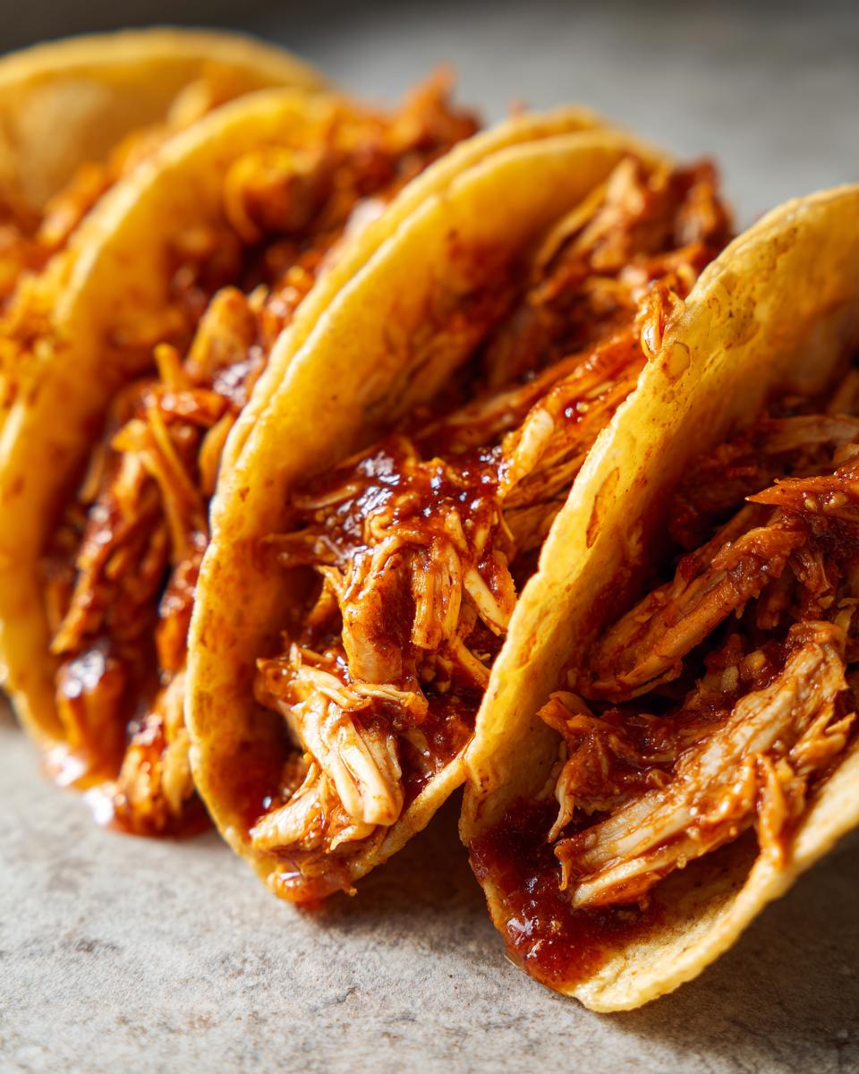 A close-up, mouthwatering shot of three delicious chicken tacos filled with shredded chicken and savory sauce.