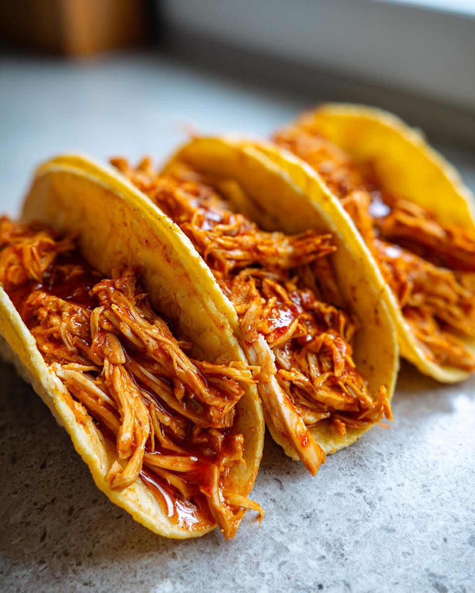Close-up of three flavorful chicken tacos filled with shredded chicken and a rich, red sauce.