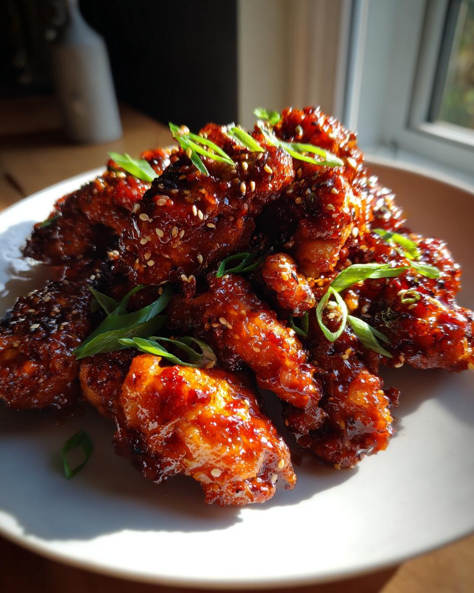 Close-up of crispy Chicken Teriyaki bites glazed with sauce, sprinkled with sesame seeds and green onions.