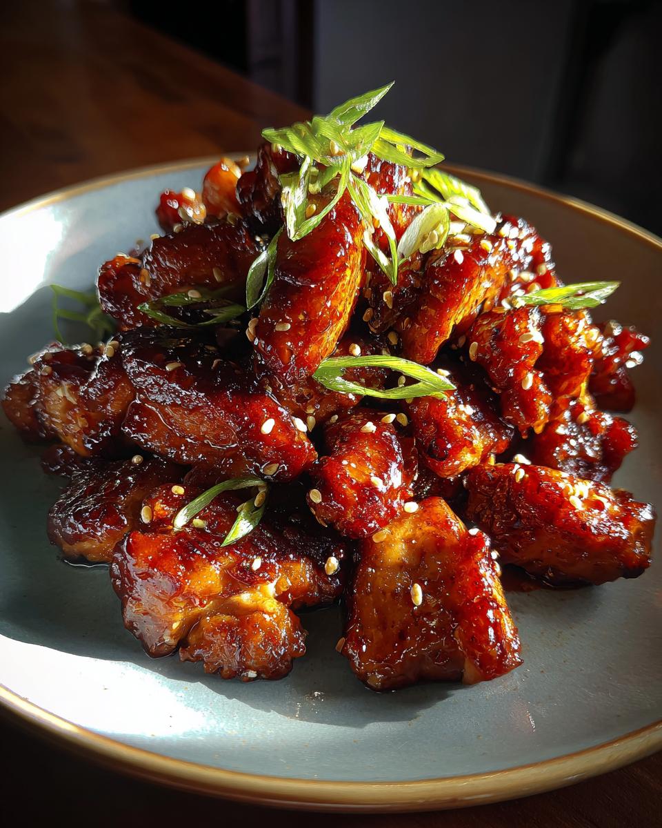 A close-up of glistening Chicken Teriyaki pieces, garnished with green onions and sesame seeds.