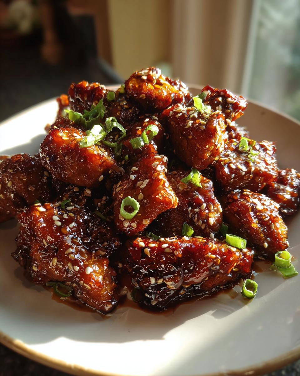 A close-up of glistening Chicken Teriyaki bites, coated in a rich sauce and sprinkled with sesame seeds and green onions.