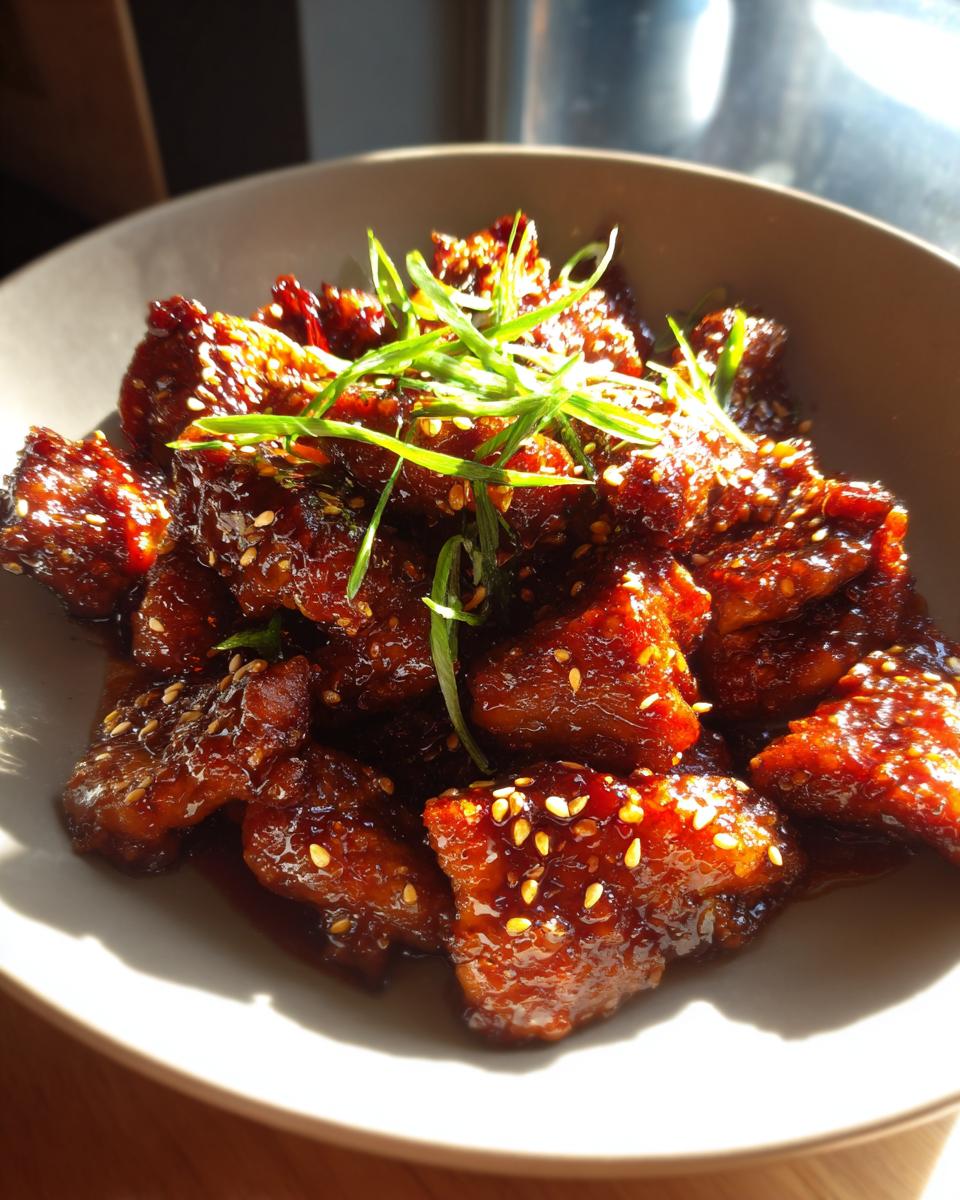 Close-up of glistening Chicken Teriyaki bites coated in a rich sauce, sprinkled with sesame seeds and garnished with green onions.