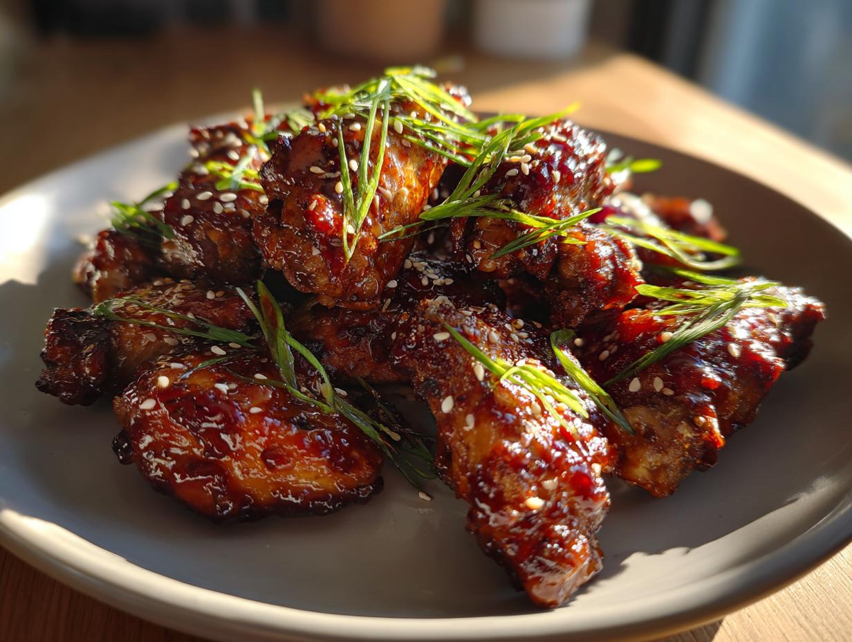 A plate of glossy, glazed Chicken Teriyaki wings, garnished with sesame seeds and green onions.
