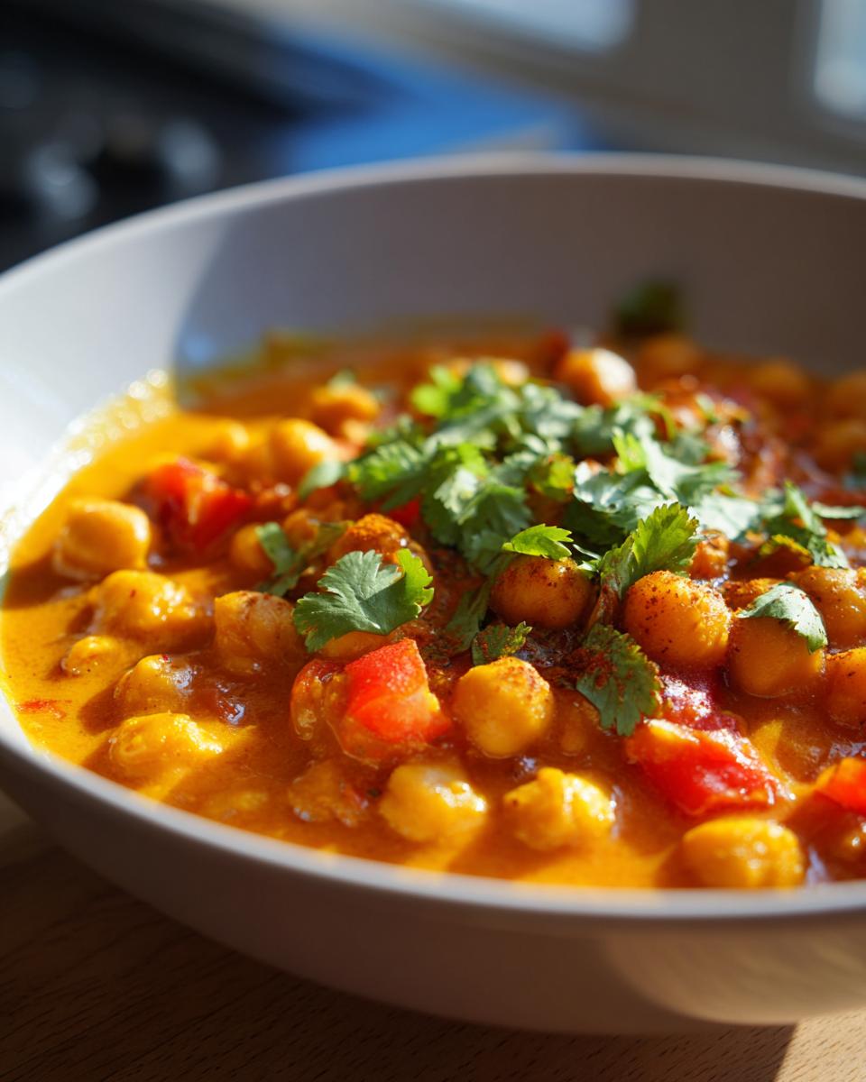A close-up of a bowl of vibrant chickpea curry, garnished with fresh cilantro and red bell peppers.