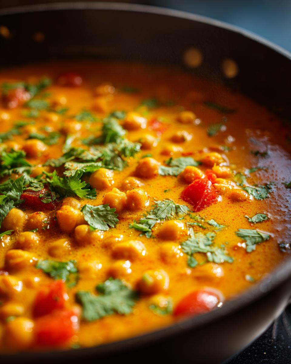 Close-up of a vibrant chickpea curry simmering in a pan, garnished with fresh cilantro.