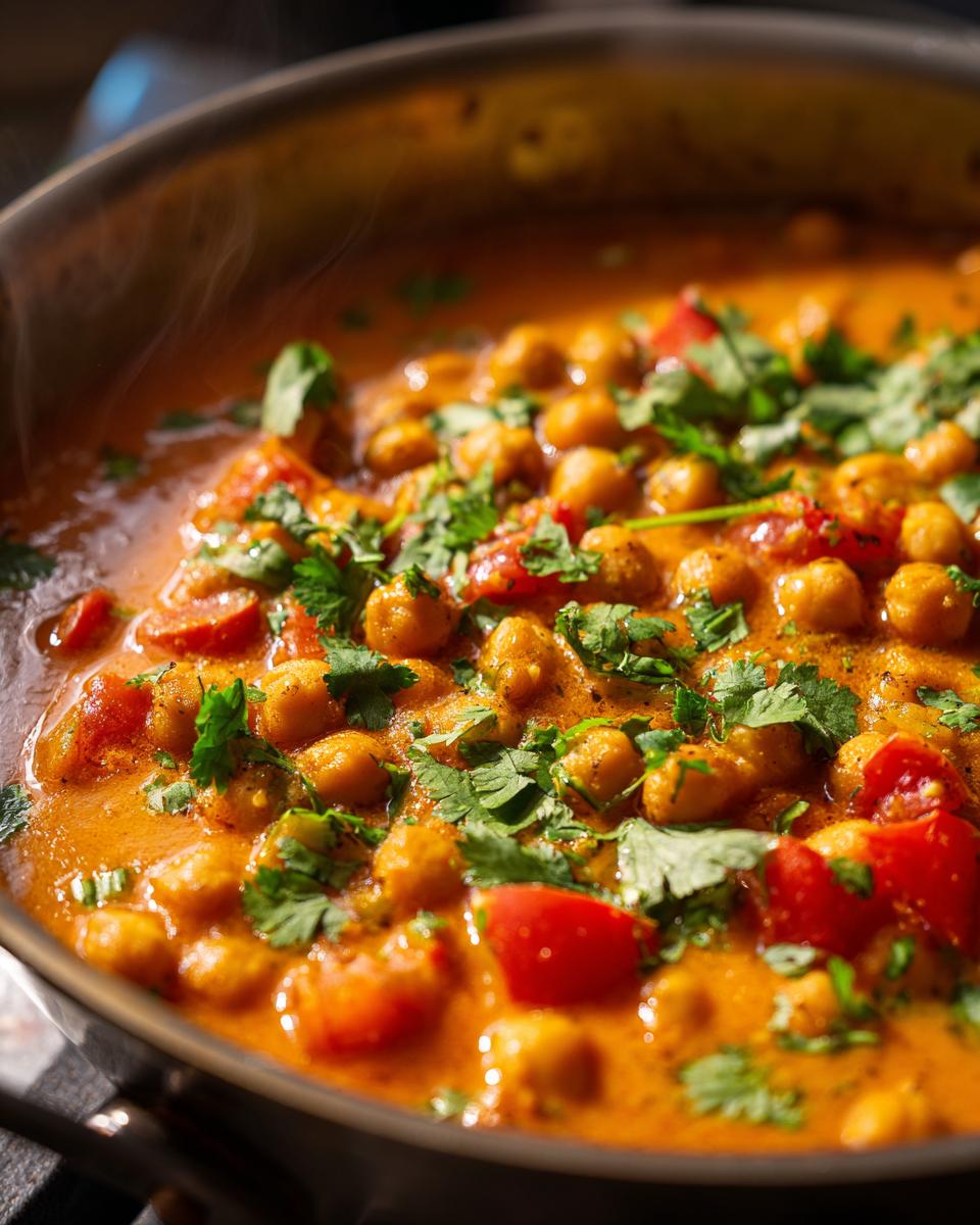 Close-up of a steaming pan filled with a rich, orange chickpea curry, garnished with fresh cilantro.