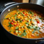A close-up shot of a pan filled with a vibrant and flavorful chickpea curry, garnished with fresh cilantro.