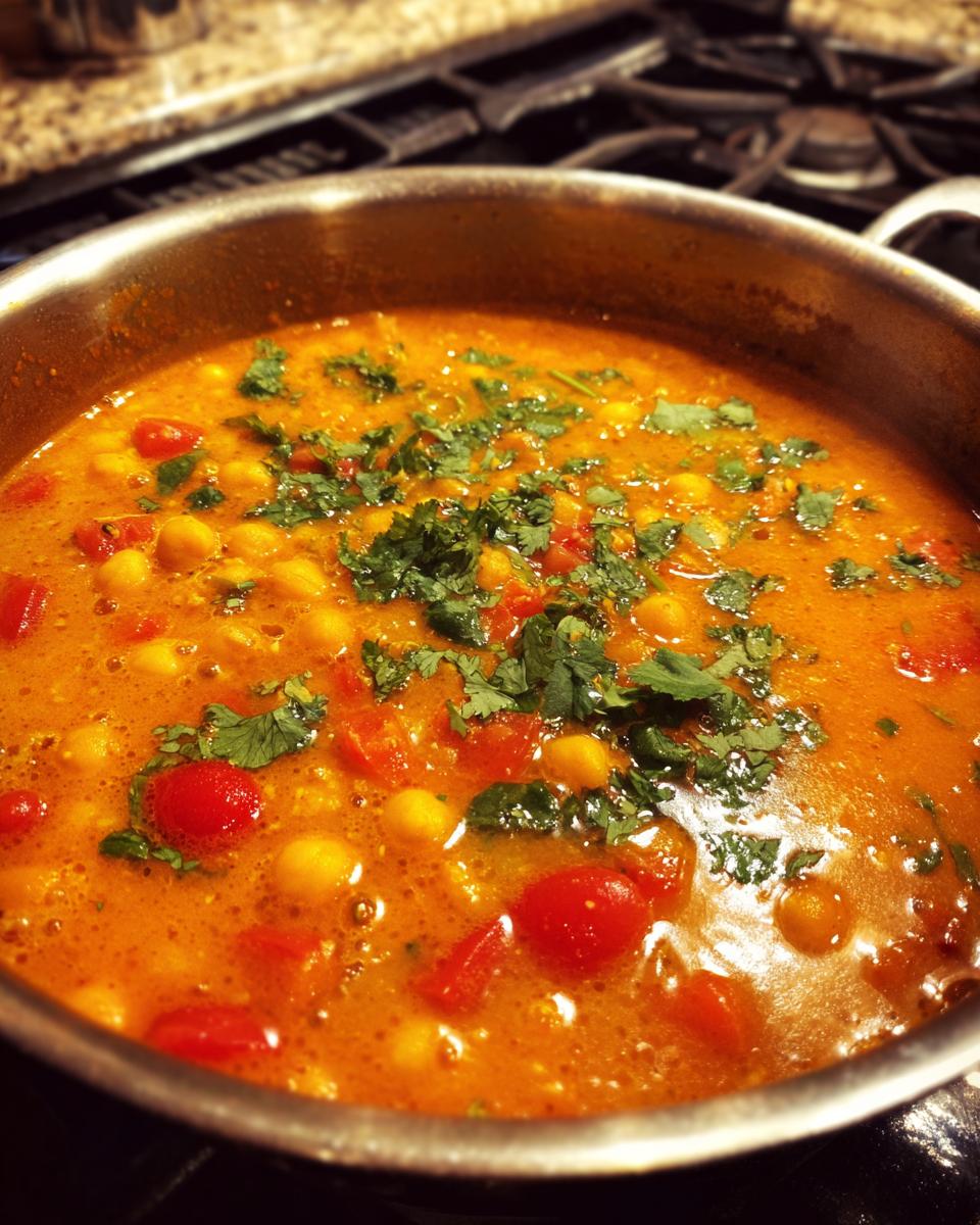 Close-up of a bubbling chickpea curry in a pot, garnished with fresh cilantro.