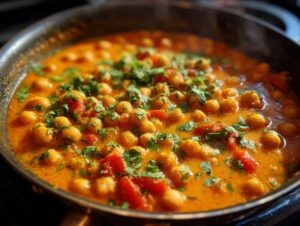 Close-up of a vibrant chickpea curry simmering in a skillet, garnished with fresh cilantro.