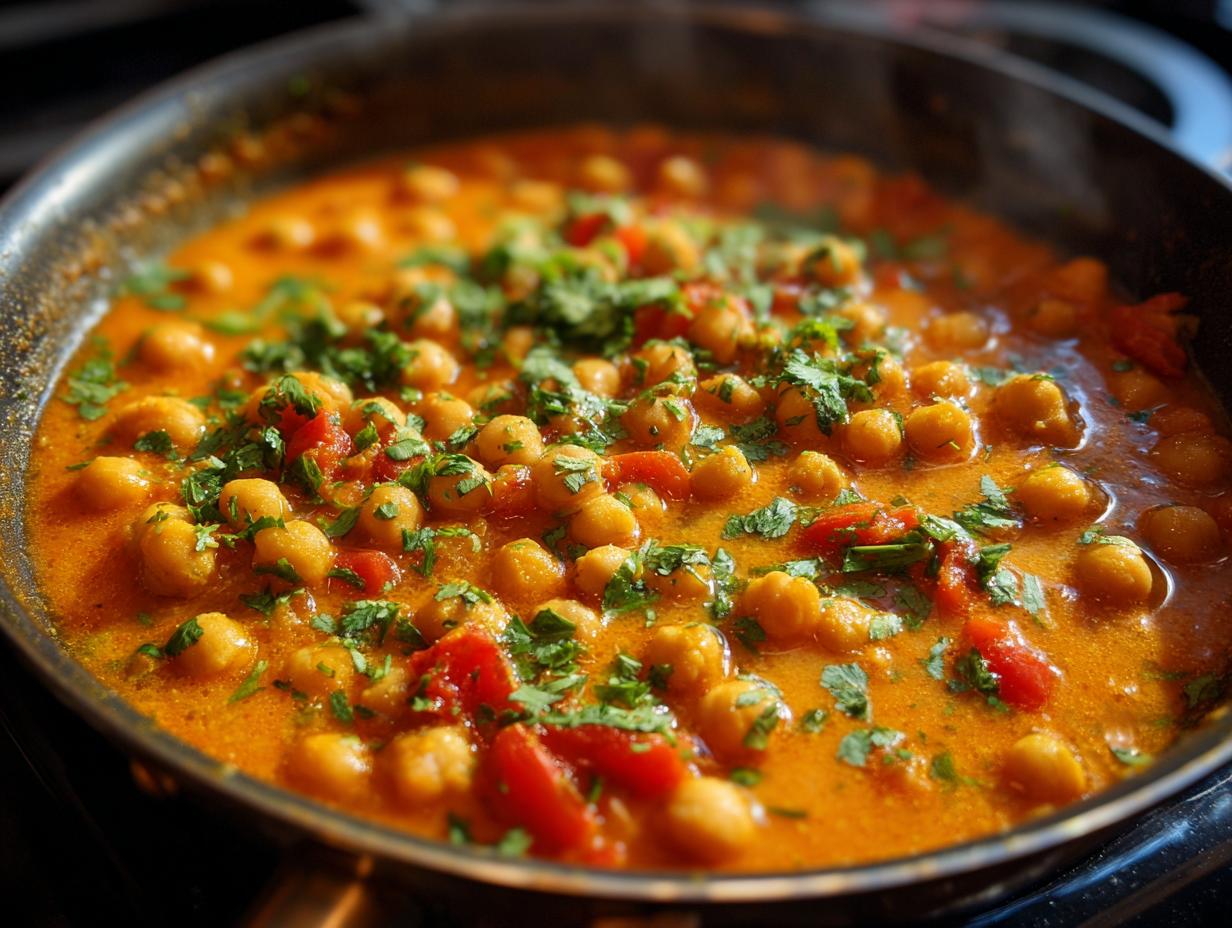 Close-up of a vibrant chickpea curry simmering in a skillet, garnished with fresh cilantro.