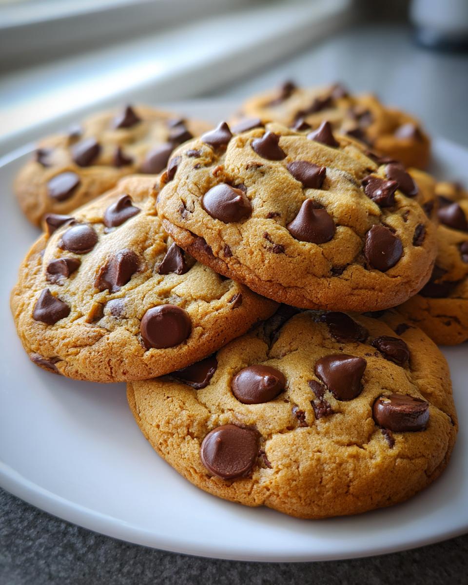 A close-up of several perfect chocolate chip cookies piled on a white plate, showcasing melted chocolate chips.