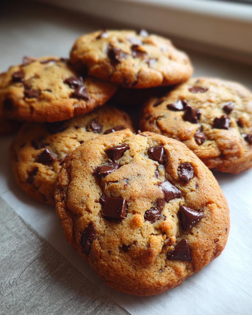 A close-up of a stack of perfectly baked chocolate chip cookies, generously studded with dark chocolate chunks.