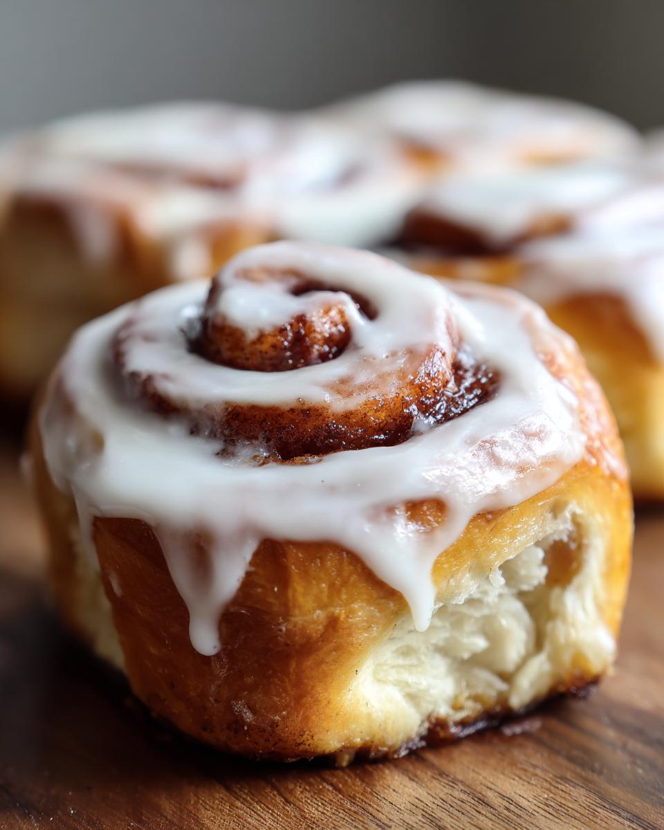 Close-up of a freshly baked cinnamon roll, drizzled with creamy white frosting.