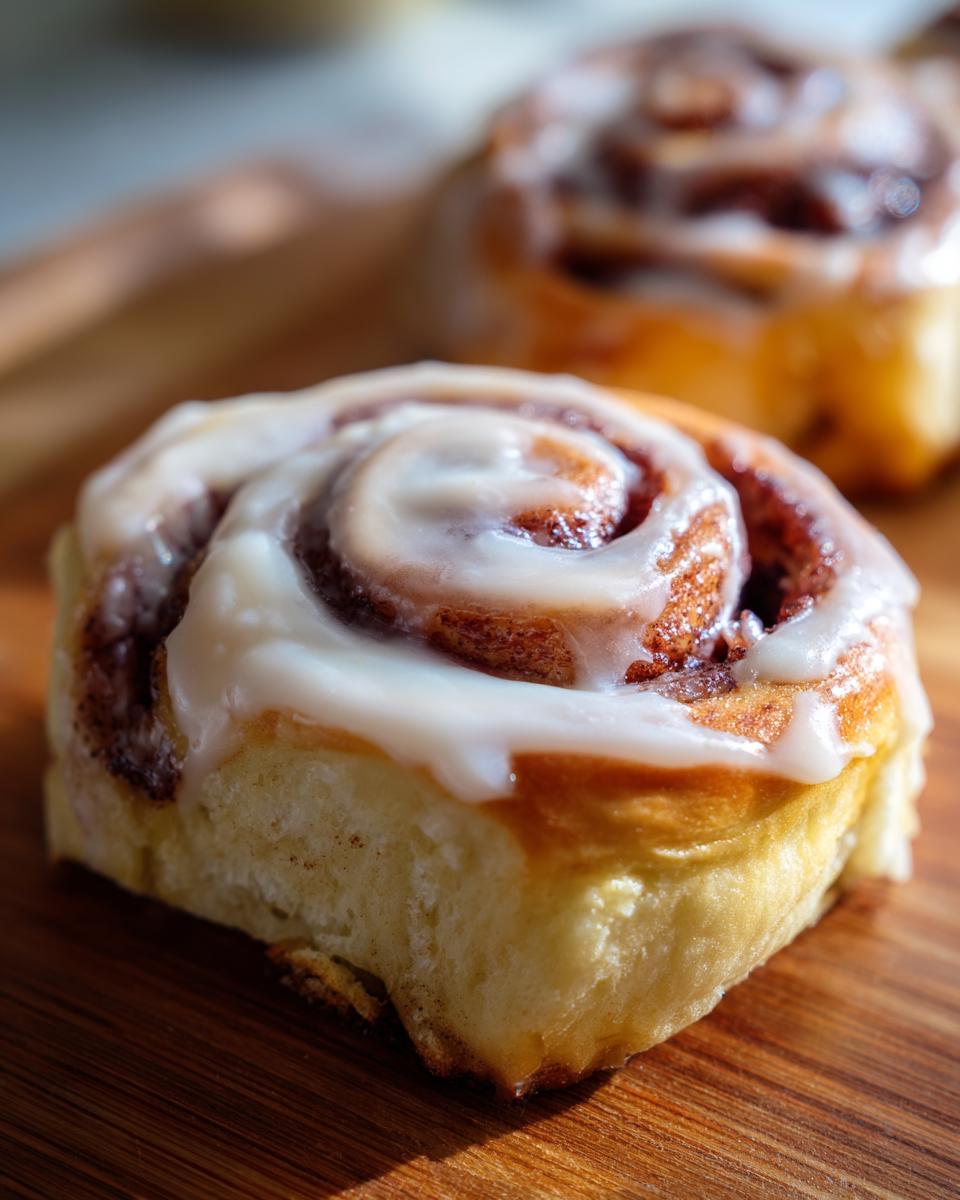 Close-up of a fluffy cinnamon roll topped with creamy white frosting, on a wooden board.