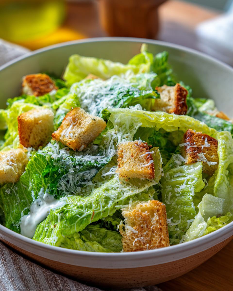 A close-up of a fresh Caesar salad in a bowl, featuring crisp romaine lettuce, golden croutons, shaved Parmesan cheese, and creamy dressing.