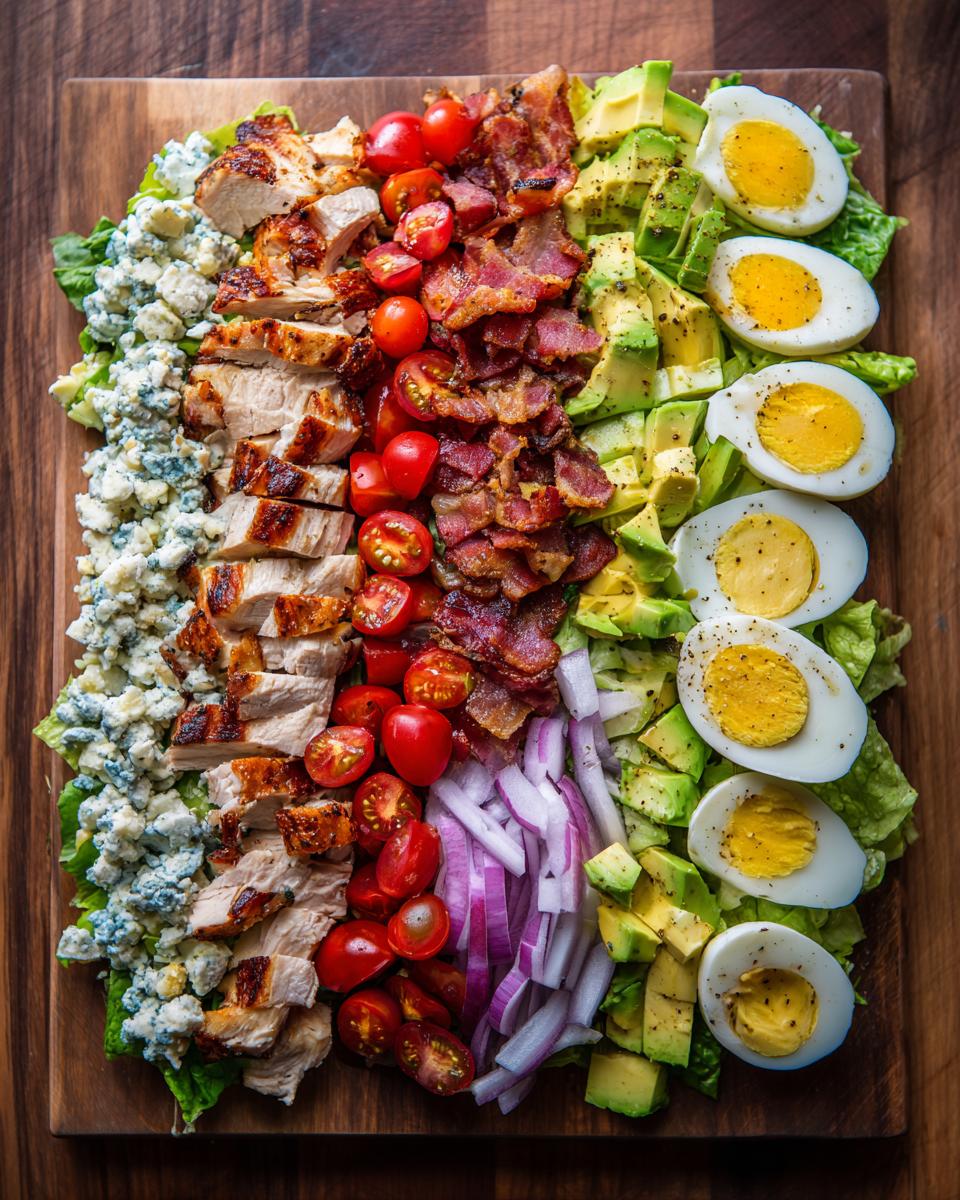 A beautifully arranged Cobb salad featuring grilled chicken, crispy bacon, avocado, tomatoes, eggs, and blue cheese.