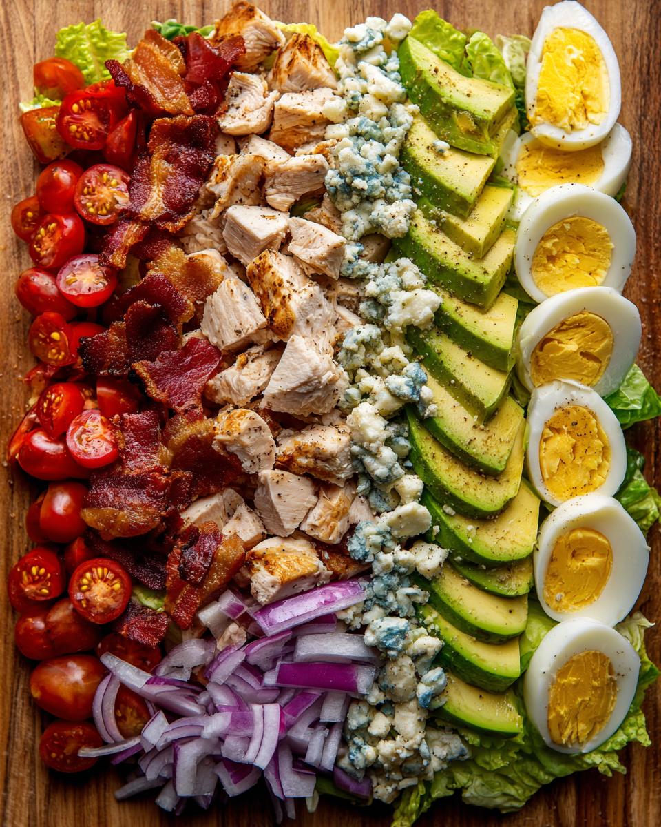 Overhead view of a hearty Cobb salad with chicken, bacon, avocado, eggs, tomatoes, blue cheese, and red onion.