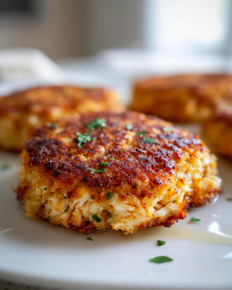 Close-up of a golden-brown, perfectly cooked crab cake with visible chunks of crab meat and a sprinkle of parsley.