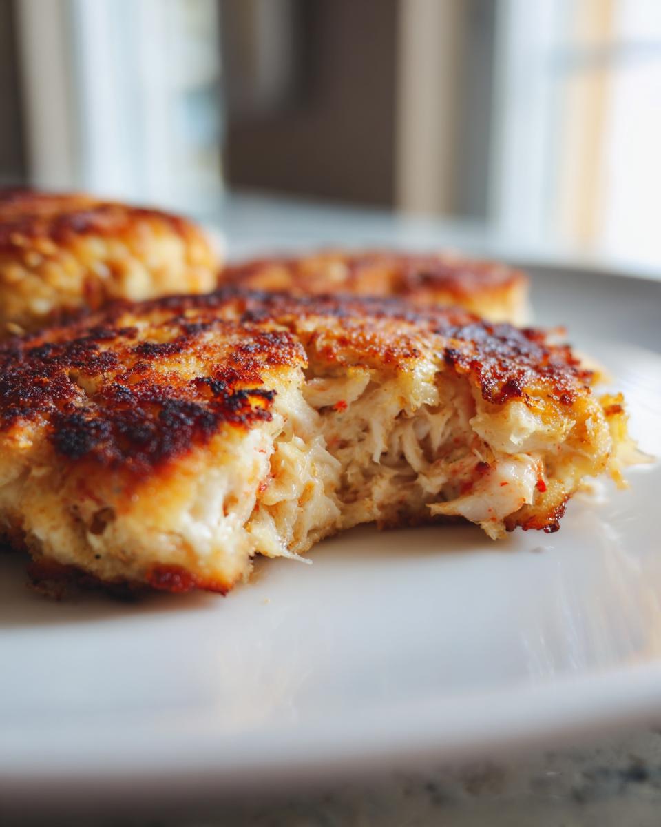 Close-up of a perfectly cooked crab cake with a bite taken out, revealing flaky crab meat inside.