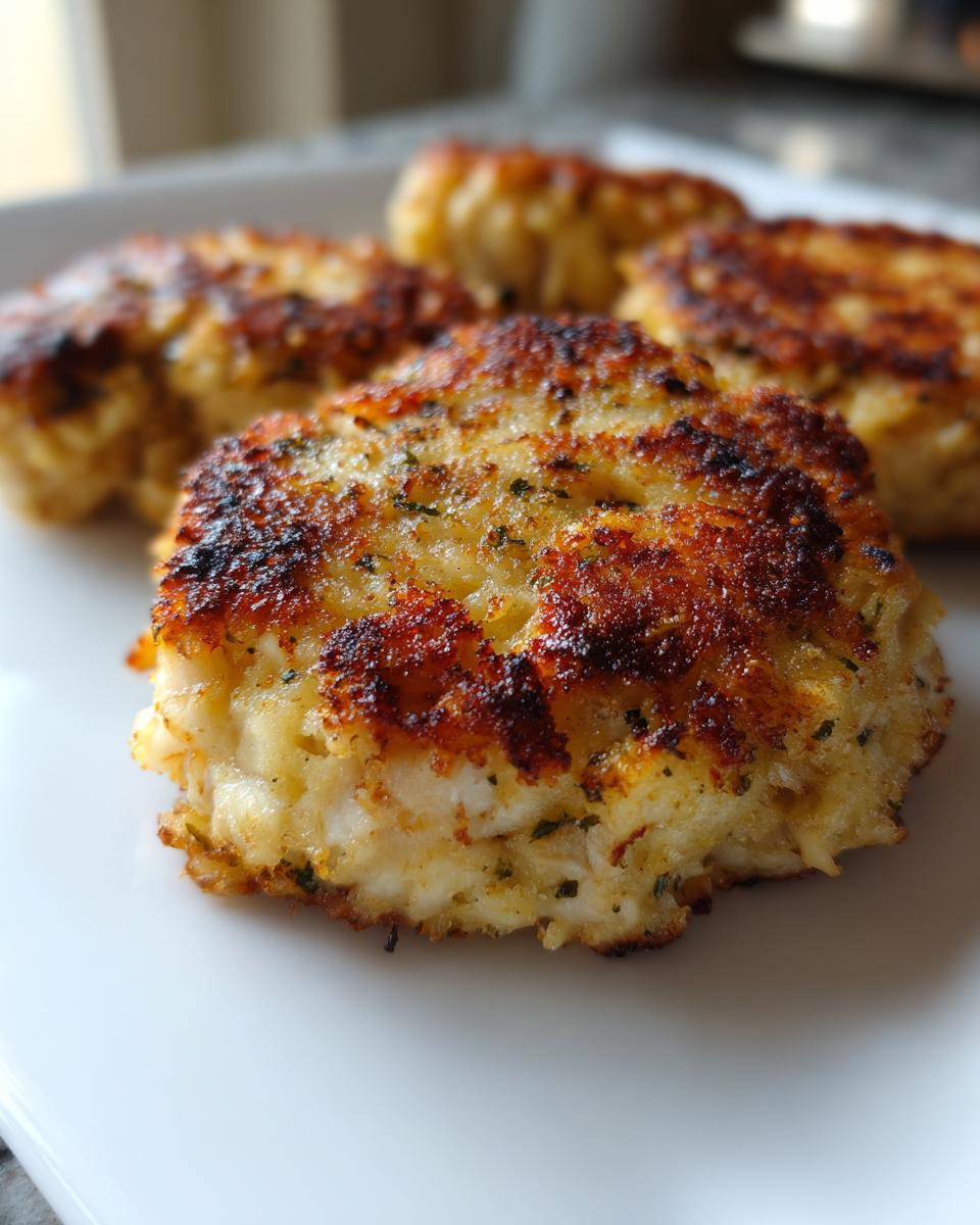 Close-up of four golden brown, pan-fried crab cakes on a white plate, with visible crab meat and herbs.