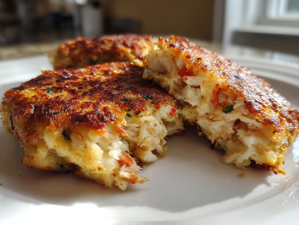 Close-up of golden brown crab cakes on a white plate, one is broken open revealing flaky crab meat.